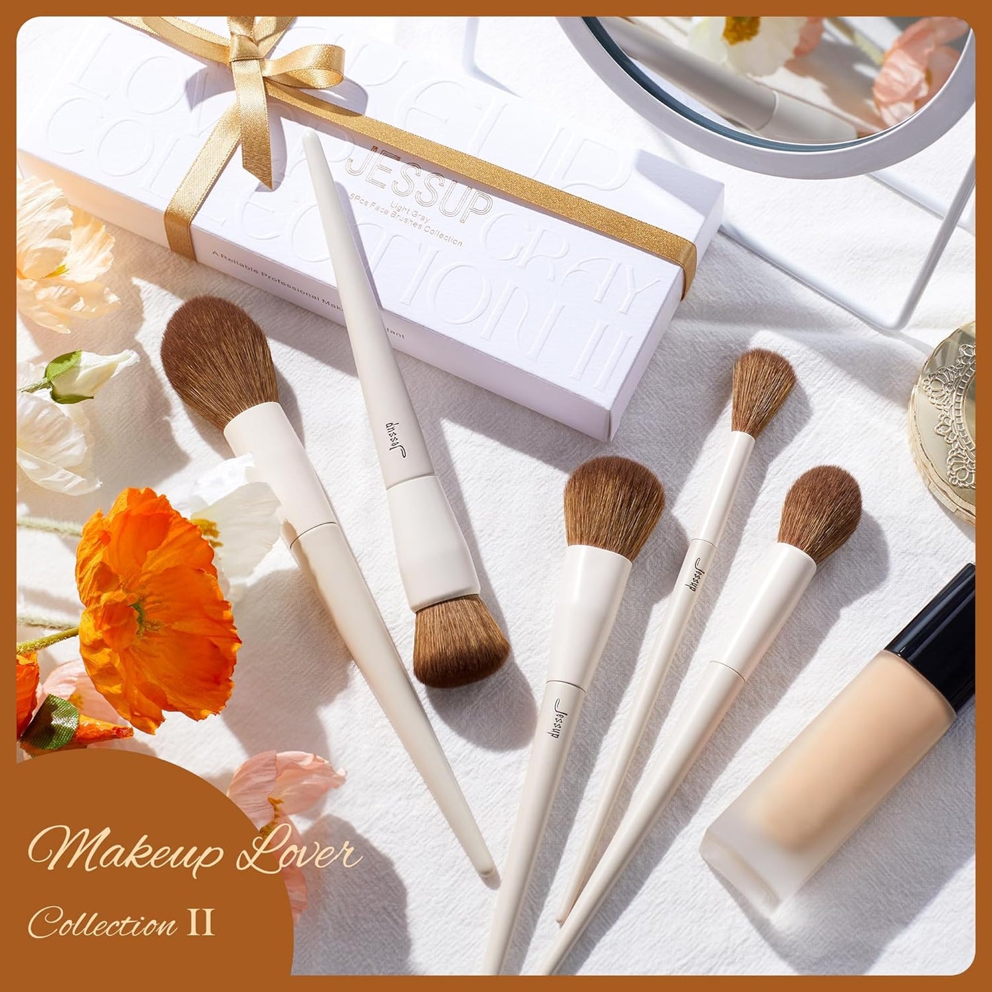 Makeup Brush Set 5Pcs Face Makeup Brushes Vegan Soft Foundation Brush Contour Brush Highlighter Brush Fluffy Setting Powder Brush, Light Grey T493