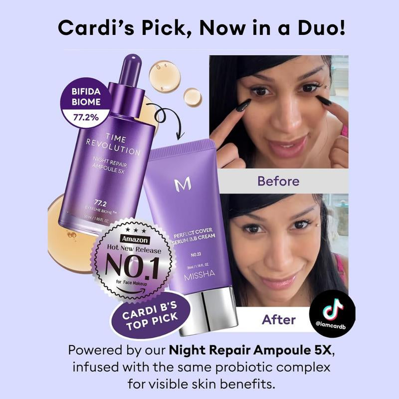[MISSHA Official] Tiktok Exclusive Viral Serum BB + Night Repair Serum Duo | Bifida Ferment Lysate Serum-Infused BB Cream + Night Serum Combo for Anti-Aging Skin Rejuvenation, Skin Tint, Tinted Moisturizer, Makeup, Glass Skin Cardibb OGBB Purplebb