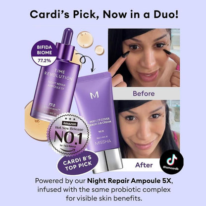 [MISSHA Official] Tiktok Exclusive Viral Serum BB + Night Repair Serum Duo | Bifida Ferment Lysate Serum-Infused BB Cream + Night Serum Combo for Anti-Aging Skin Rejuvenation, Skin Tint, Tinted Moisturizer, Makeup, Glass Skin Cardibb OGBB Purplebb