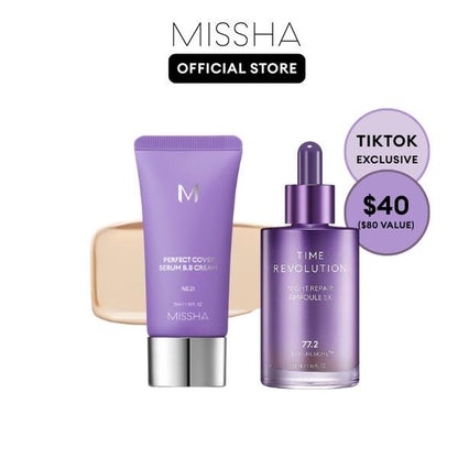 [MISSHA Official] Tiktok Exclusive Viral Serum BB + Night Repair Serum Duo | Bifida Ferment Lysate Serum-Infused BB Cream + Night Serum Combo for Anti-Aging Skin Rejuvenation, Skin Tint, Tinted Moisturizer, Makeup, Glass Skin Cardibb OGBB Purplebb