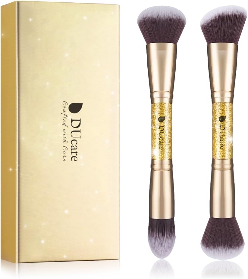 Makeup Brushes Duo End Foundation Powder Buffer and Contour Synthetic Cosmetic Tools 2Pcs Gold