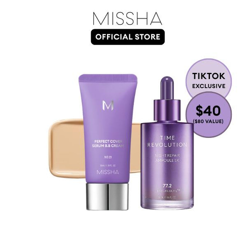 [MISSHA Official] Tiktok Exclusive Viral Serum BB + Night Repair Serum Duo | Bifida Ferment Lysate Serum-Infused BB Cream + Night Serum Combo for Anti-Aging Skin Rejuvenation, Skin Tint, Tinted Moisturizer, Makeup, Glass Skin Cardibb OGBB Purplebb