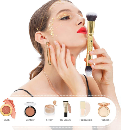 Makeup Brushes Duo End Foundation Powder Buffer and Contour Synthetic Cosmetic Tools 2Pcs Gold