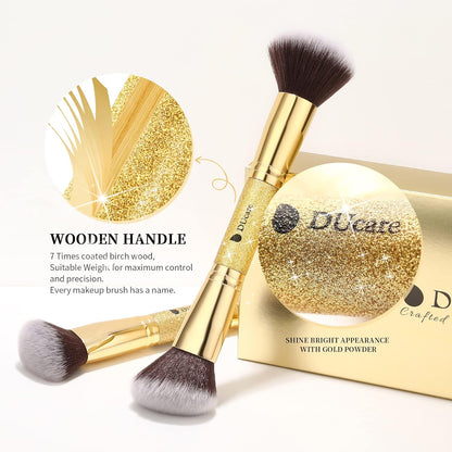 Makeup Brushes Duo End Foundation Powder Buffer and Contour Synthetic Cosmetic Tools 2Pcs Gold
