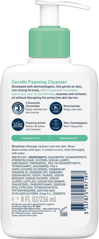 Foaming Cleanser Gel Face Wash 236Ml, Oil Control for Normal to Oily Skin, Removes Oil & Protects Skin Barrier, for Face + Body, Niacinamide + Ceramides, Fragrance Free