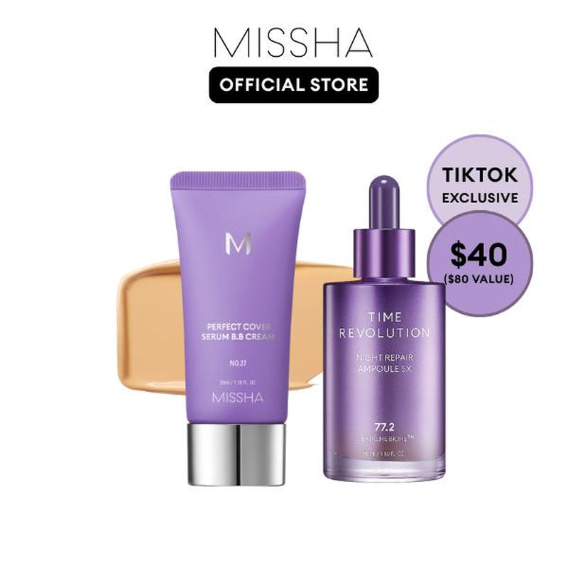[MISSHA Official] Tiktok Exclusive Viral Serum BB + Night Repair Serum Duo | Bifida Ferment Lysate Serum-Infused BB Cream + Night Serum Combo for Anti-Aging Skin Rejuvenation, Skin Tint, Tinted Moisturizer, Makeup, Glass Skin Cardibb OGBB Purplebb