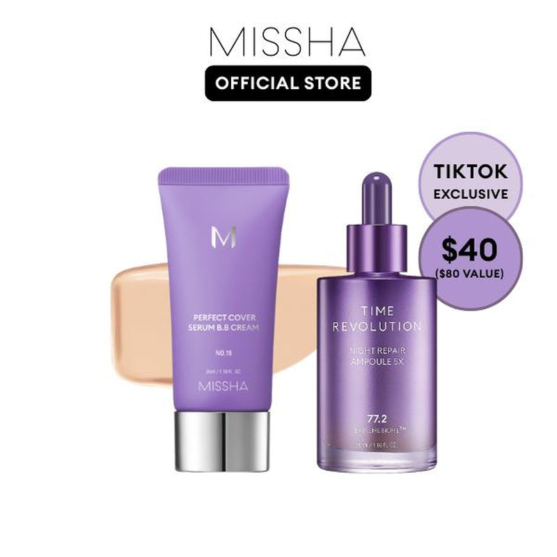 [MISSHA Official] Tiktok Exclusive Viral Serum BB + Night Repair Serum Duo | Bifida Ferment Lysate Serum-Infused BB Cream + Night Serum Combo for Anti-Aging Skin Rejuvenation, Skin Tint, Tinted Moisturizer, Makeup, Glass Skin Cardibb OGBB Purplebb