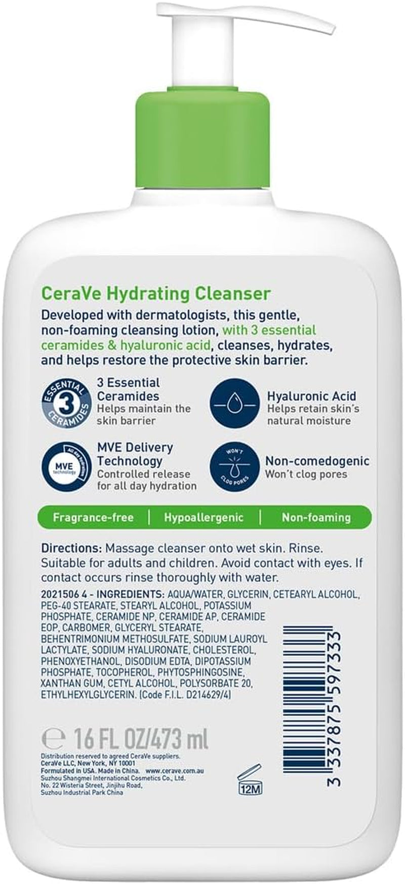 Hydrating Cleanser Face Wash 473Ml, for Normal to Dry Skin, Hyaluronic Acid + 3 Essential Ceramides, Cleanses and Hydrates without Disrupting Natural Skin Barrier of the Face & Body