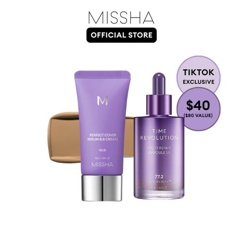 [MISSHA Official] Tiktok Exclusive Viral Serum BB + Night Repair Serum Duo | Bifida Ferment Lysate Serum-Infused BB Cream + Night Serum Combo for Anti-Aging Skin Rejuvenation, Skin Tint, Tinted Moisturizer, Makeup, Glass Skin Cardibb OGBB Purplebb