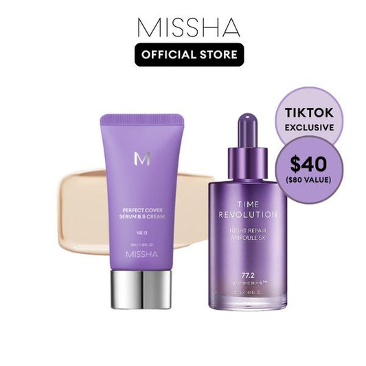 [MISSHA Official] Tiktok Exclusive Viral Serum BB + Night Repair Serum Duo | Bifida Ferment Lysate Serum-Infused BB Cream + Night Serum Combo for Anti-Aging Skin Rejuvenation, Skin Tint, Tinted Moisturizer, Makeup, Glass Skin Cardibb OGBB Purplebb