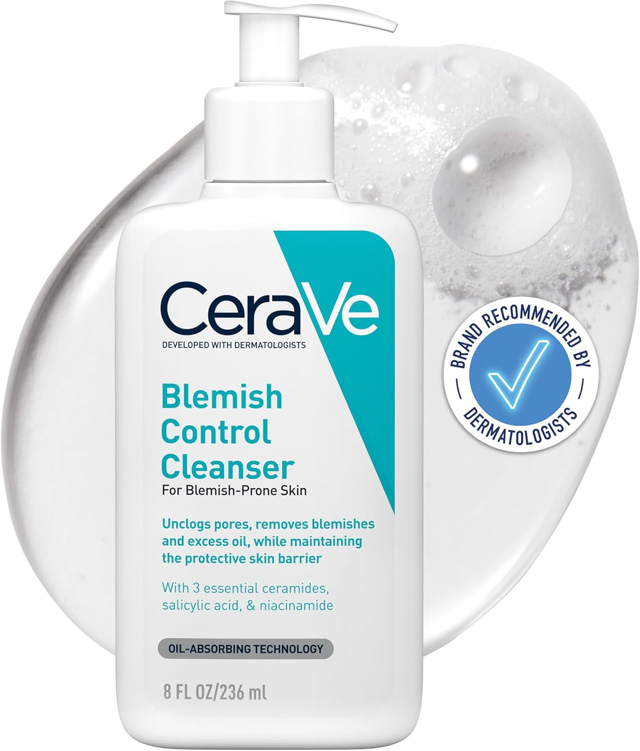 Blemish Control Cleanser Gel Face Wash 236Ml, for Blackheads, Blocked Pores & Acne-Prone Skin, 2% Salicylic Acid + Niacinamide + Purifying Clay + Ceramides, Lightweight + Oil-Absorbing